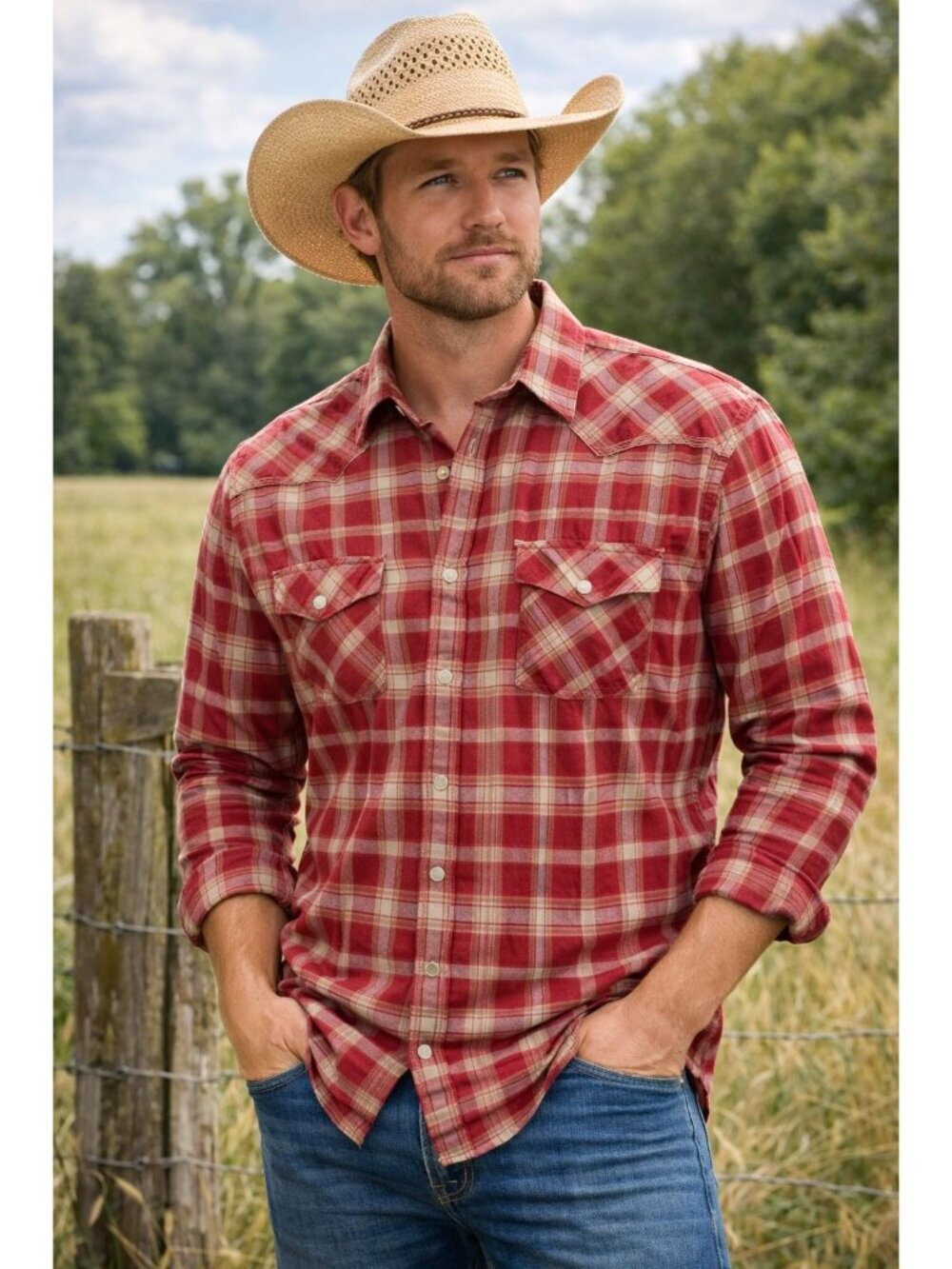 Ariat Men’s Long Sleeve Pearl Snap Buttongs Red White Plaid Western Size XL